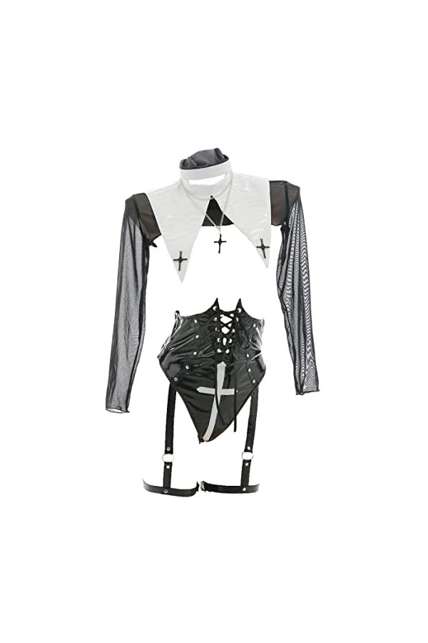 Meowcos Ensemble de lingerie sexy pour femme avec gants, Noir et blanc., M