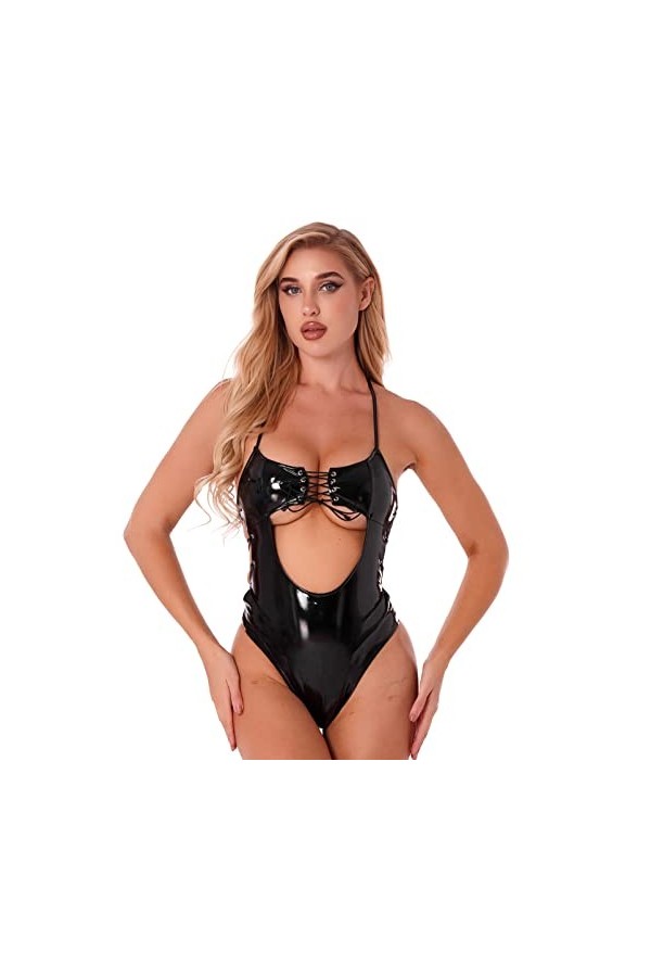 KRIDDR Catsuit Femme Wetlook Sexy Moulante Lingerie boîtes de Nuit pôle Danse Costume en Cuir Verni Combinaison