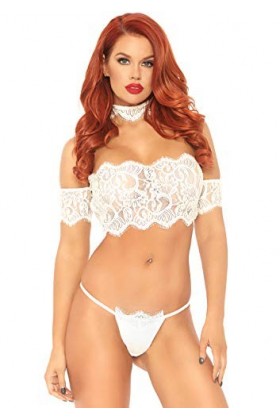 Leg Avenue 81573 Haut Court en Dentelle Tour de Cou & String Blanc Taille S/M EUR 38-40