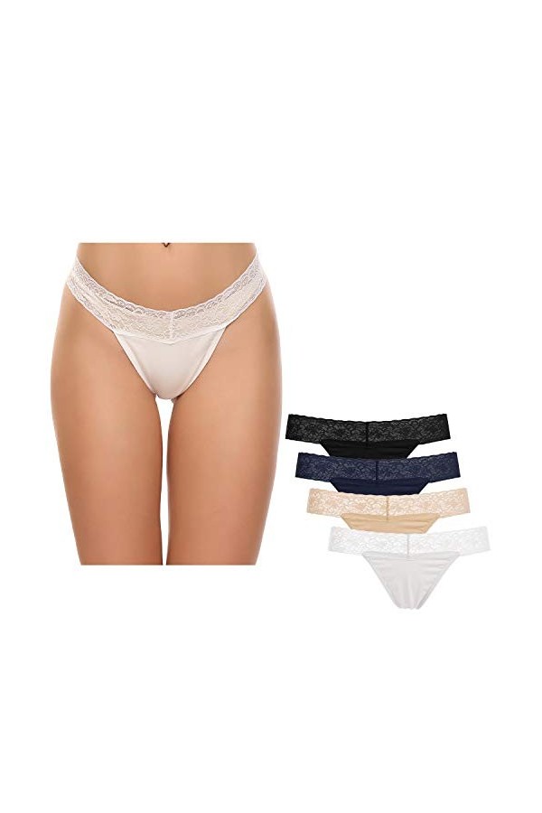 Ekouaer 4 Pièces Strings Ladies Strings Set Sexy Slip Lingerie Sexy pour Femmes Ladies Strings Set Noir+Blanc+Marine+Viande X