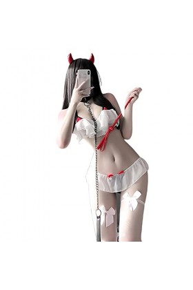 SINROYEE Costume de diable sexy pour femme - Lingerie japonaise Kawaii Anime Bikini mignon jeu de rôle Lolita blanc 