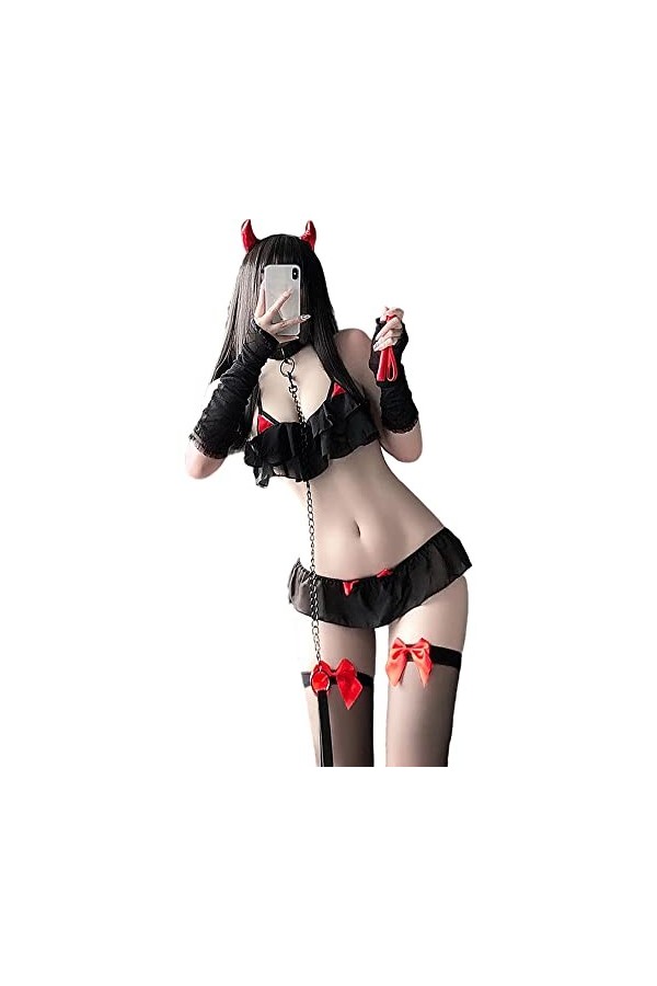 SINROYEE Costume de diable sexy pour femme - Lingerie japonaise Kawaii Anime Bikini mignon jeu de rôle Lolita blanc 