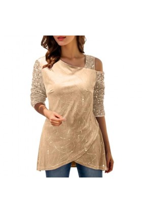 Pianshanzi Haut argenté pour femme - Décontracté - Tunique - Paillettes - Élégant - Manches longues - Col en V - Ample - Over