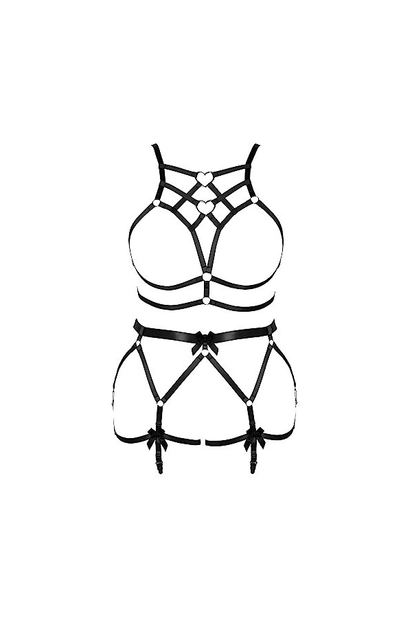 JMMHSS Femmes punk plus size Body harnais garter Belt set lacets sous - vêtements serrés ceinture rave Wear Noir 
