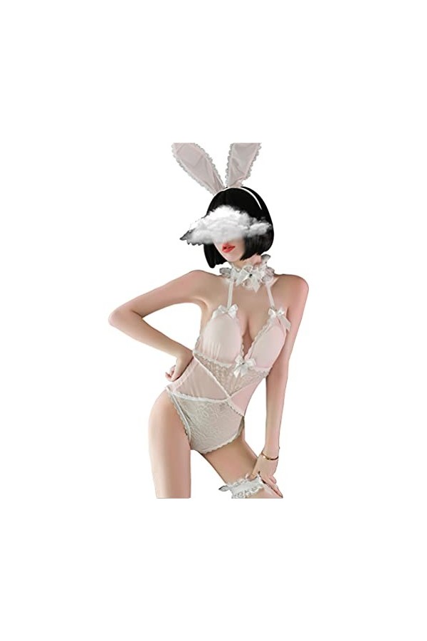 SINMIUANIME Costume de lapin sexy pour femme - Lingerie de costumade en filet transparent - JK Party 469 blanc 
