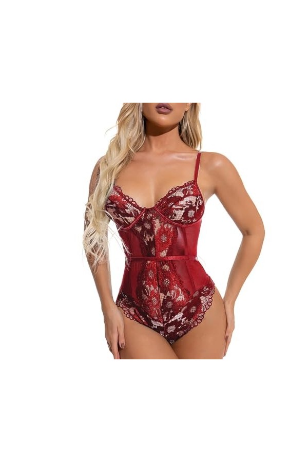 Lingerie Sexy, épissure de Dentelle, Pyjama à Bretelles en Maille, Body Sexy Transparent Coupe Basse Color : Black, Size : M