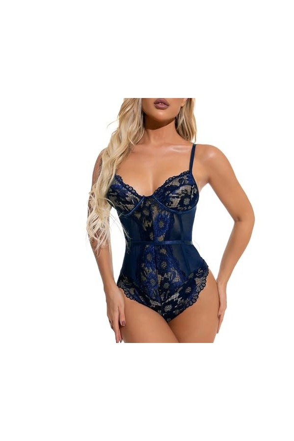 Lingerie Sexy, épissure de Dentelle, Pyjama à Bretelles en Maille, Body Sexy Transparent Coupe Basse Color : Black, Size : M