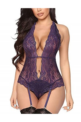 EVELIFE Femme Sexy Col V Profond Lingerie Dentelle Body Transparent Dos Nu sous-vêtements Ensemble de Lingerie avec Jarretièr