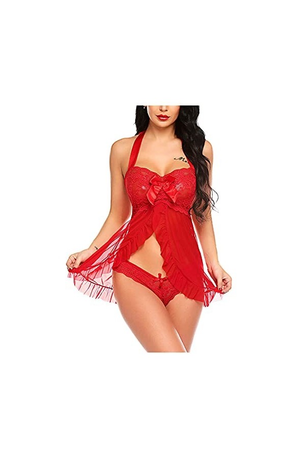 SUNMME Pyjama Pièce Pyjama Satin Ensemble Femme Top Sexy Short et avec Dentelle 2 Lingerie Push up Rouge S 