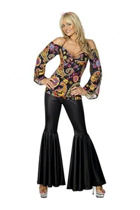 Smiffys Costume hippie, femme, avec haut à motifs et pantalon pattes déléphants, Noir, M 12 - 14 UK 40 - 42 EU 
