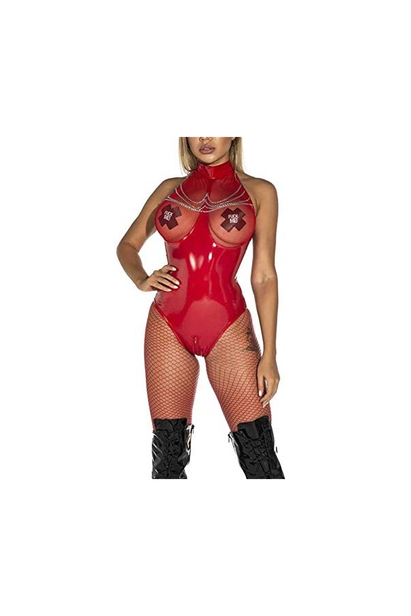 KRIDDR Combinaison Catsuit en Faux Cuir pour Femmes, Look mouillé, Sexy, Brillant, Poitrine Ouverte, discothèque, Performance
