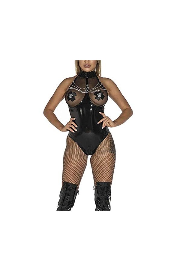 KRIDDR Combinaison Catsuit en Faux Cuir pour Femmes, Look mouillé, Sexy, Brillant, Poitrine Ouverte, discothèque, Performance