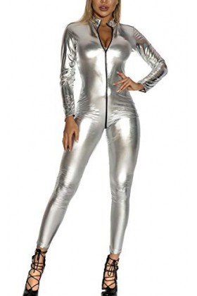 AIEOE Combinaisons pour femme avec fermeture éclair brillante Catsuit Costume Vêtement de nuit Halloween Noël Argenté