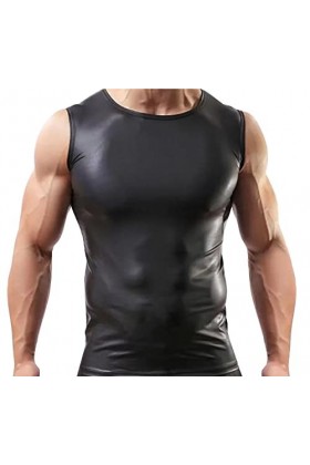 FEOYA T-Shirt Wetlook Homme Sexy Manches Courte Cuir Verni Top Cuir Débardeur Musculation Haut Ete Wetlook Bodysuit Slim Fit 