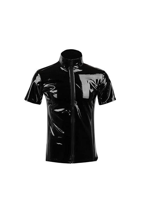 FEOYA T-Shirt Wetlook Homme Sexy Manches Courte Cuir Verni Top Cuir Débardeur Musculation Haut Ete Wetlook Bodysuit Slim Fit 