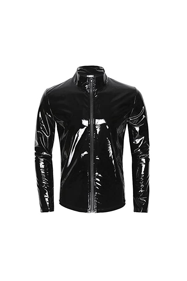 FEOYA T-Shirt Wetlook Homme Sexy Manches Courte Cuir Verni Top Cuir Débardeur Musculation Haut Ete Wetlook Bodysuit Slim Fit 