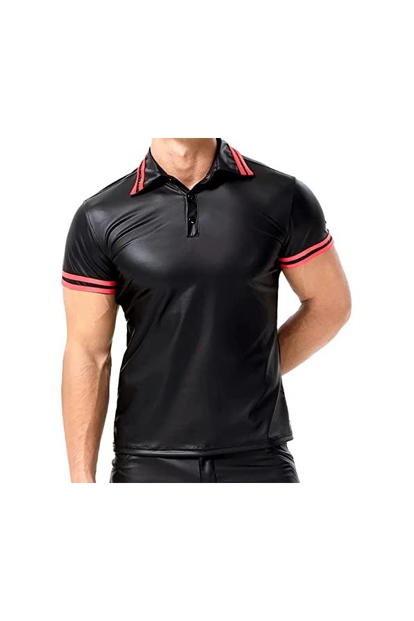 FEOYA T-Shirt Wetlook Homme Sexy Manches Courte Cuir Verni Top Cuir Débardeur Musculation Haut Ete Wetlook Bodysuit Slim Fit 