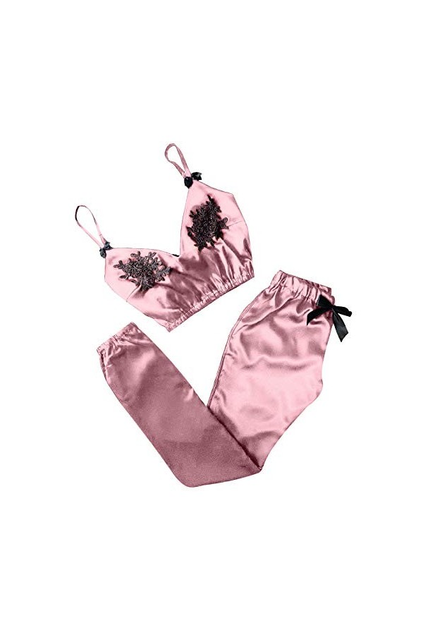 Pyjama sexy pour femme - Col en V profond - Satin - Courte - Tenue de nuit dété - Combinaison de maison en dentelle et panta