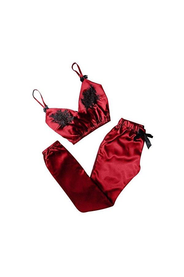 Pyjama sexy pour femme - Col en V profond - Satin - Courte - Tenue de nuit dété - Combinaison de maison en dentelle et panta