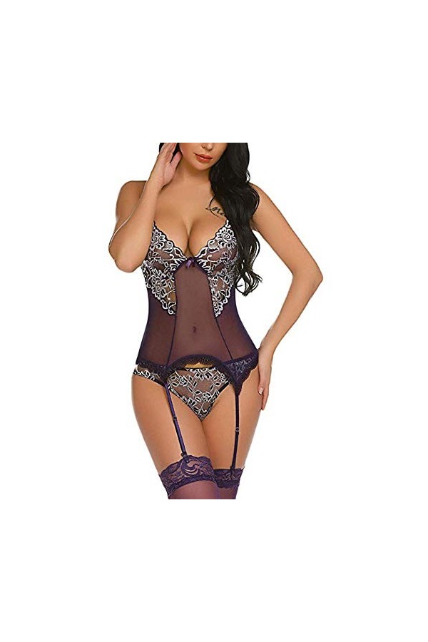 JUGUU Sexy Vêtements De Nuitlingerie Sexy Femmes Body Dentelle Broderie sous-Vêtements Sexy-Violet_M