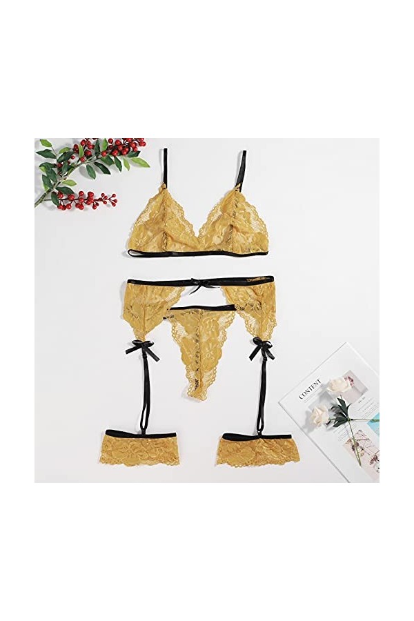 SUNMME Lingeries Polyester Broderie intérieure Fille Pyjama Sexy pour Femmes Jaune 4XL 