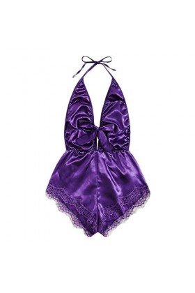 JUGUU Lingerie Sexy Érotique Sexy V-Cou Dentelle Tache Noeud Lingerie Combinaison Dames Chemise De Nuit-Violet_XXL