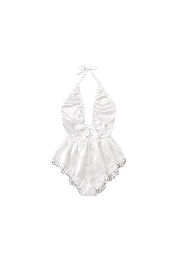 JUGUU Lingerie Sexy Érotique Sexy V-Cou Dentelle Tache Noeud Lingerie Combinaison Dames Chemise De Nuit-Violet_XXL