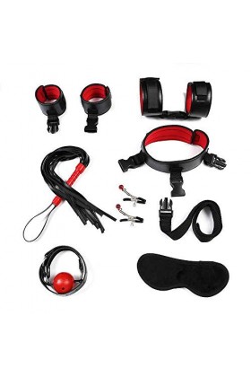 Ensemble de 7 pièces de literie en peluche noir et rouge Mains et pieds attachants Jouets de couple Produits pour adultes pou