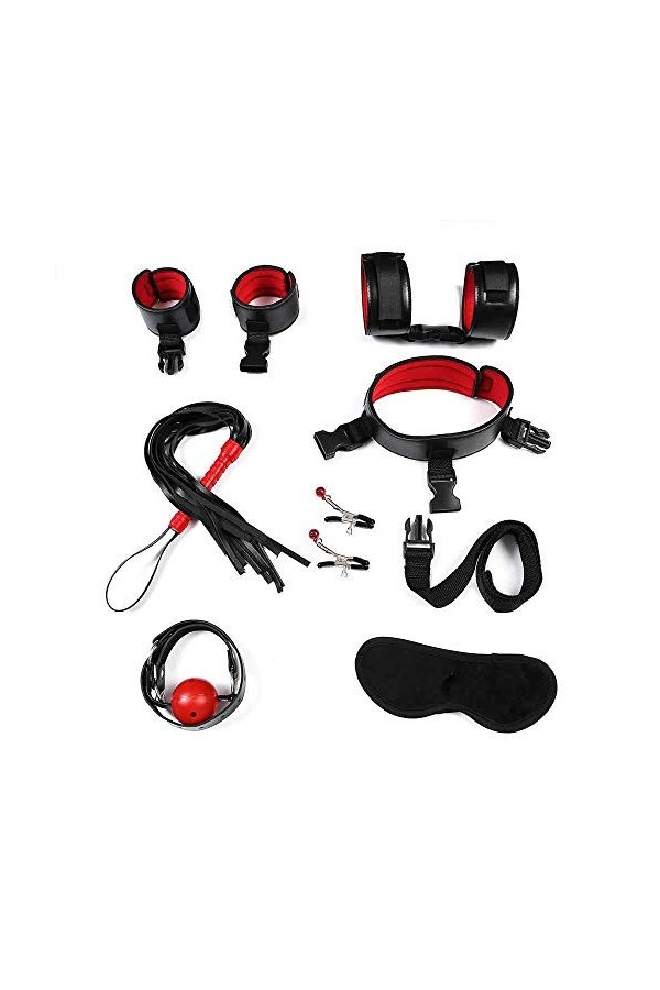 Ensemble de 7 pièces de literie en peluche noir et rouge Mains et pieds attachants Jouets de couple Produits pour adultes pou
