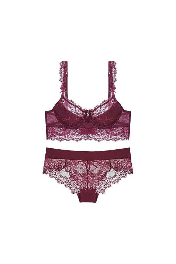 YLISHI Ensemble soutien-gorge en dentelle ultra fine et culotte grande taille - violet - 100B