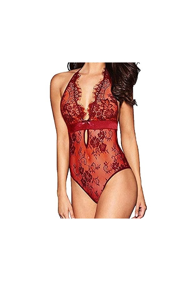 SUNMME Chemises Femmes Negligees Femmes Floral Dentelle Sexy Dos Nu Col V Body Dames Body Mesh Perspective Une Pièce Lingerie