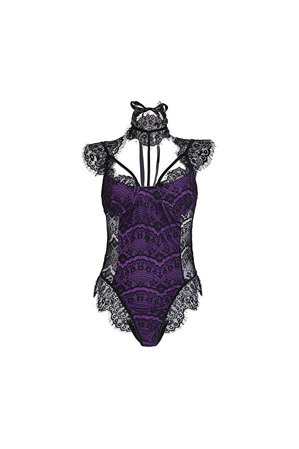 JUGUU Ensembles De Lingerie Femme S-XXL Taille Plus Pyjama en Dentelle pour Dames Collants Sexy Transparents-Violet_L