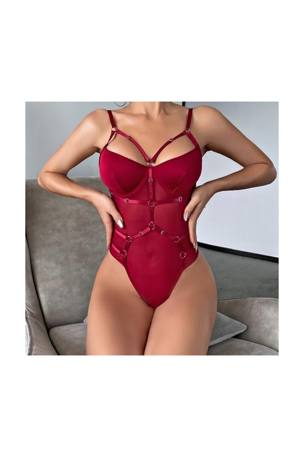 Lingerie pour Femmes, Lingerie Sexy en Dentelle, Ensemble de Lingerie Assorti Transparent Color : Red, Size : M 