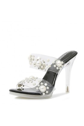 Élégance et glamour Talons hauts transparents avec perles et strass Beauté pure et confiance en soi Bouche de poisson transpa