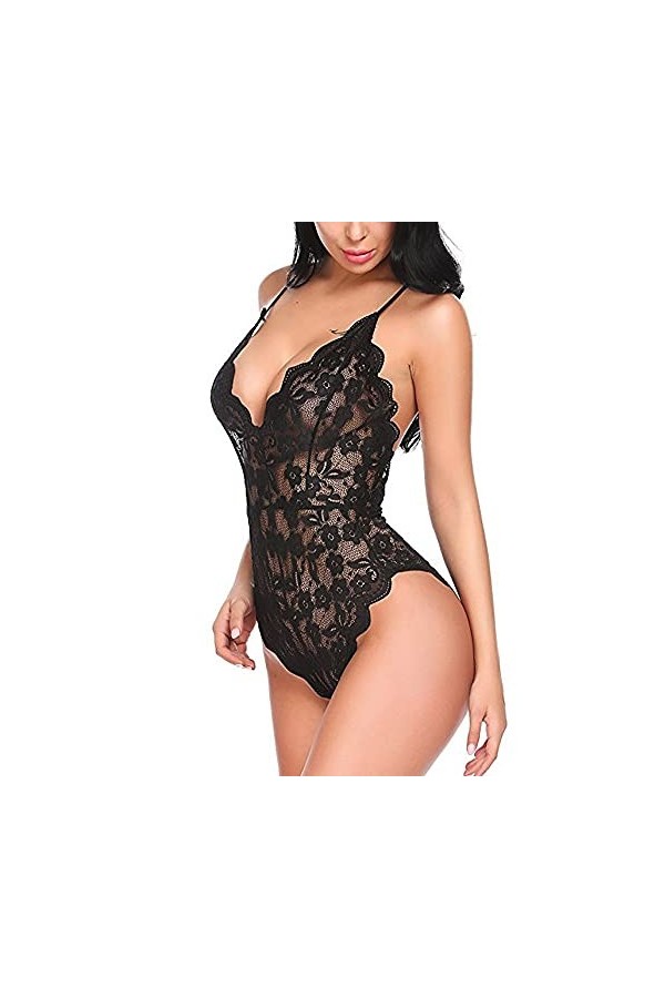 Chemises Femmes Negligees Femmes Sexy Dentelle Perspective Body Une Pièce Col en V sans Manches Skinny Lingerie Catsuit Push 