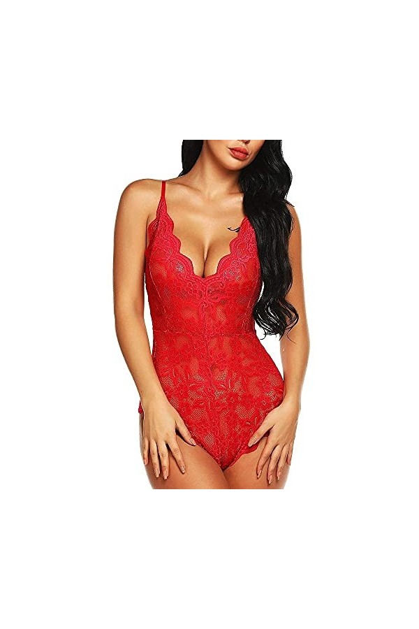 Chemises Femmes Negligees Femmes Sexy Dentelle Perspective Body Une Pièce Col en V sans Manches Skinny Lingerie Catsuit Push 