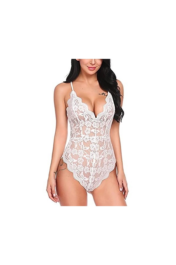 Chemises Femmes Negligees Femmes Sexy Dentelle Perspective Body Une Pièce Col en V sans Manches Skinny Lingerie Catsuit Push 