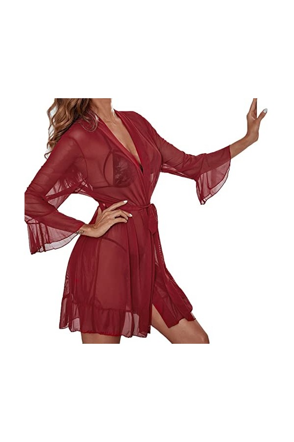 SUNMME Chemise de Nuit Sexy en Maille pour Femme, sous-vêtements, Peignoir, Cardigan à Volants, Pyjama, vêtements pour Femme,