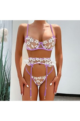 SUNMME Femmes à la Mode Sexy Dentelle Fleur Broderie Lingerie Sexy serré sous-vêtements Sexy Pyjamas Sexy Violet S 