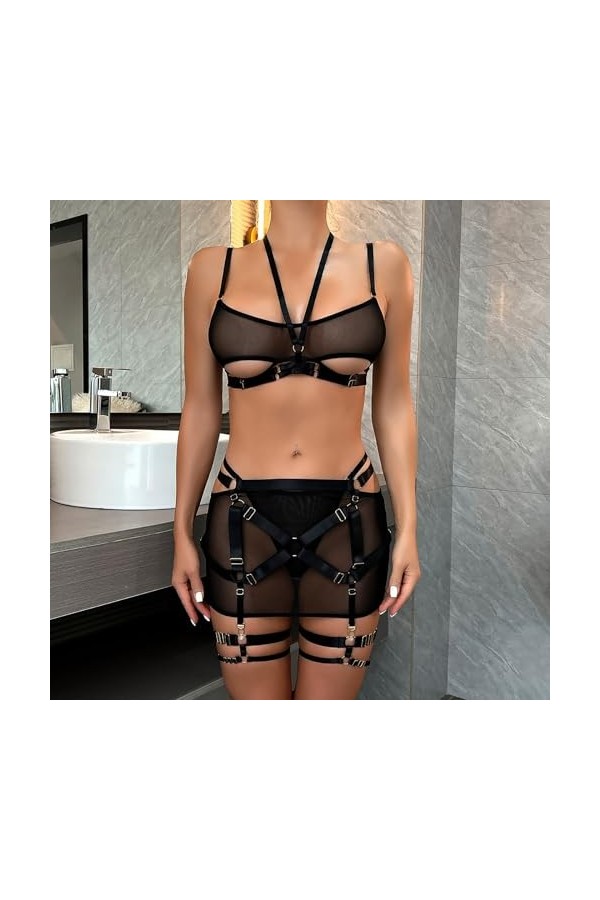 Lingerie pour Femmes, Soutien-Gorge à Armatures et Jupe, Jarretelles, Ensemble de Lingerie, Costumes avec Mini-Jupe Color : 