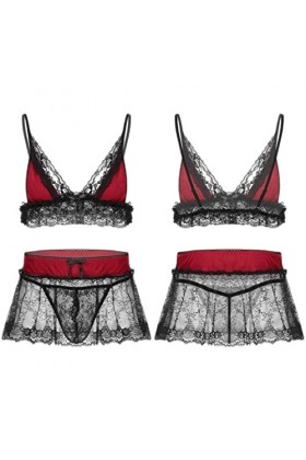 CHAOYI Ensemble de lingerie sexy en dentelle pour homme - Bretelles spaghetti réglables - Col en V profond - Avec mini jupe e
