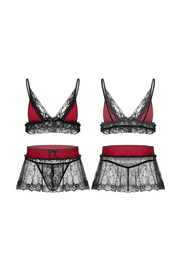 CHAOYI Ensemble de lingerie sexy en dentelle pour homme - Bretelles spaghetti réglables - Col en V profond - Avec mini jupe e