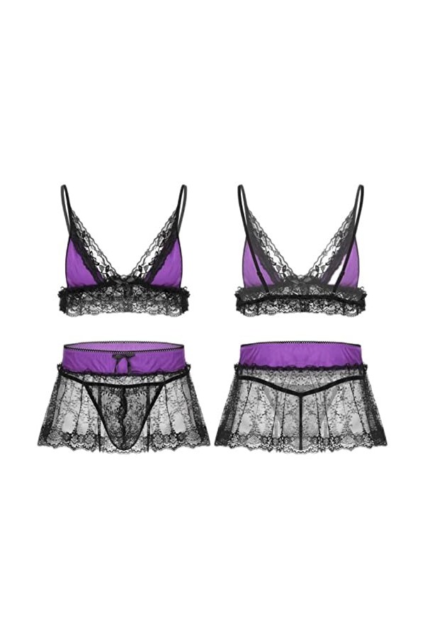 CHAOYI Ensemble de lingerie sexy en dentelle pour homme - Bretelles spaghetti réglables - Col en V profond - Avec mini jupe e