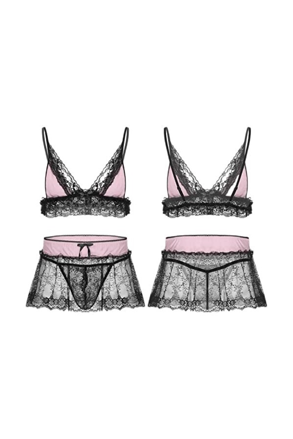 CHAOYI Ensemble de lingerie sexy en dentelle pour homme - Bretelles spaghetti réglables - Col en V profond - Avec mini jupe e