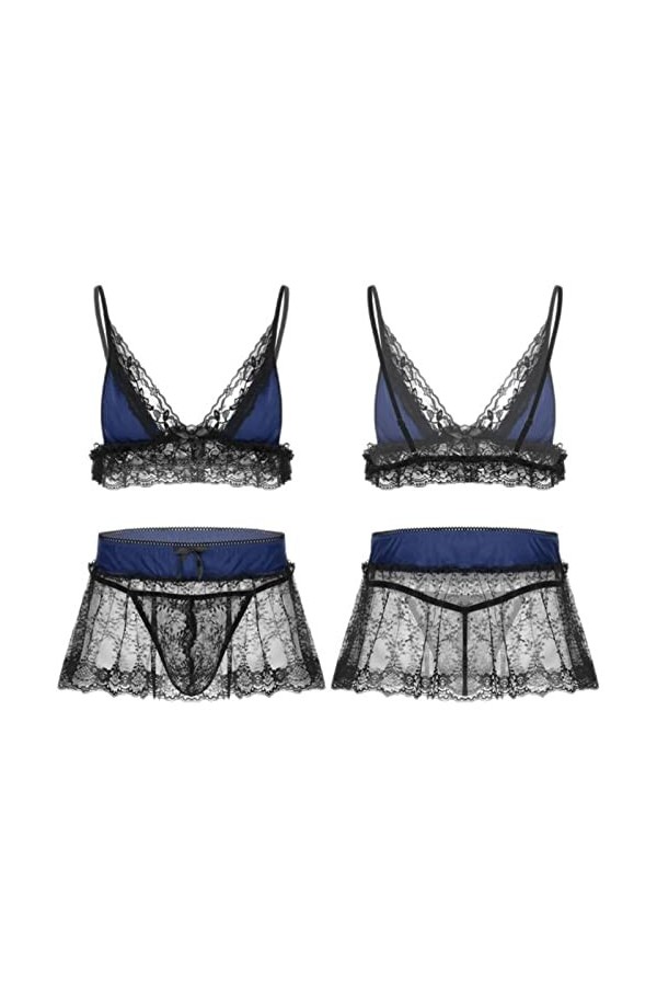 CHAOYI Ensemble de lingerie sexy en dentelle pour homme - Bretelles spaghetti réglables - Col en V profond - Avec mini jupe e