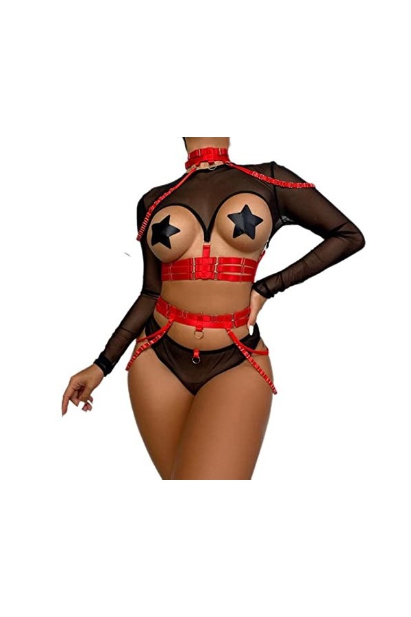 WEITING Lingerie sexy Costume sexuel T-shirts découpés Accessoires gothiques sensuels 4 pièces Porte-jarretelles Gris Violet 