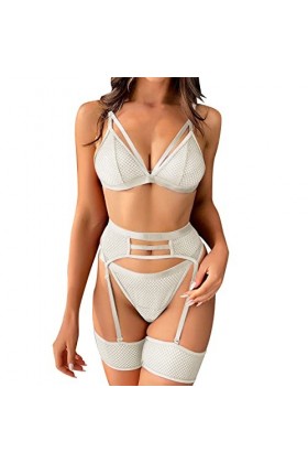 Ensemble de lingerie sexy en maille transparente - Taille haute - Soutien-gorge et culotte - 2 pièces - Pour femme, violet, X