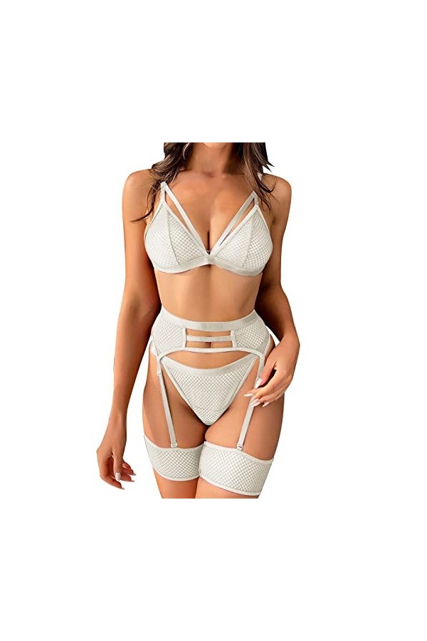 Ensemble de lingerie sexy en maille transparente - Taille haute - Soutien-gorge et culotte - 2 pièces - Pour femme, violet, X