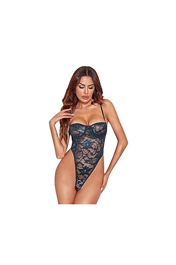 Chemises pour femmes Negligees Femmes Sexy Dentelle Voir à travers Sheer Bodycon Bodys Solide Sans manches Mode Lace Up Bodys