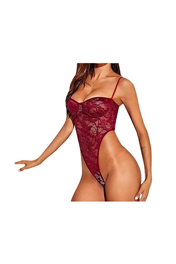 Chemises pour femmes Negligees Femmes Sexy Dentelle Voir à travers Sheer Bodycon Bodys Solide Sans manches Mode Lace Up Bodys